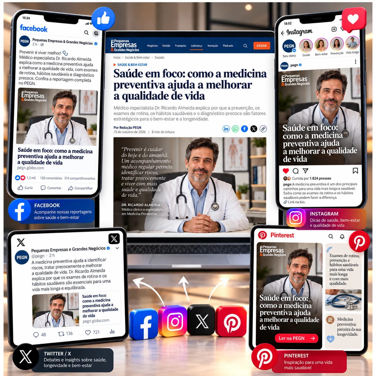 Exemplo ilustrativo de divulgação de uma matéria de saúde no Facebook, Instagram, X e Pinterest