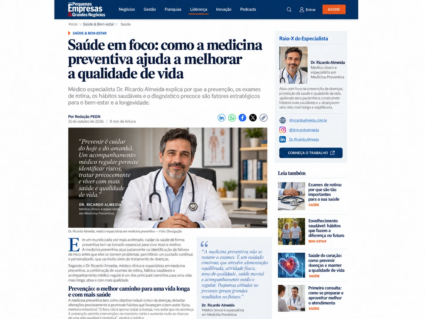 Exemplo ilustrativo de matéria de saúde assinada por um médico, diagramada em um portal de notícias