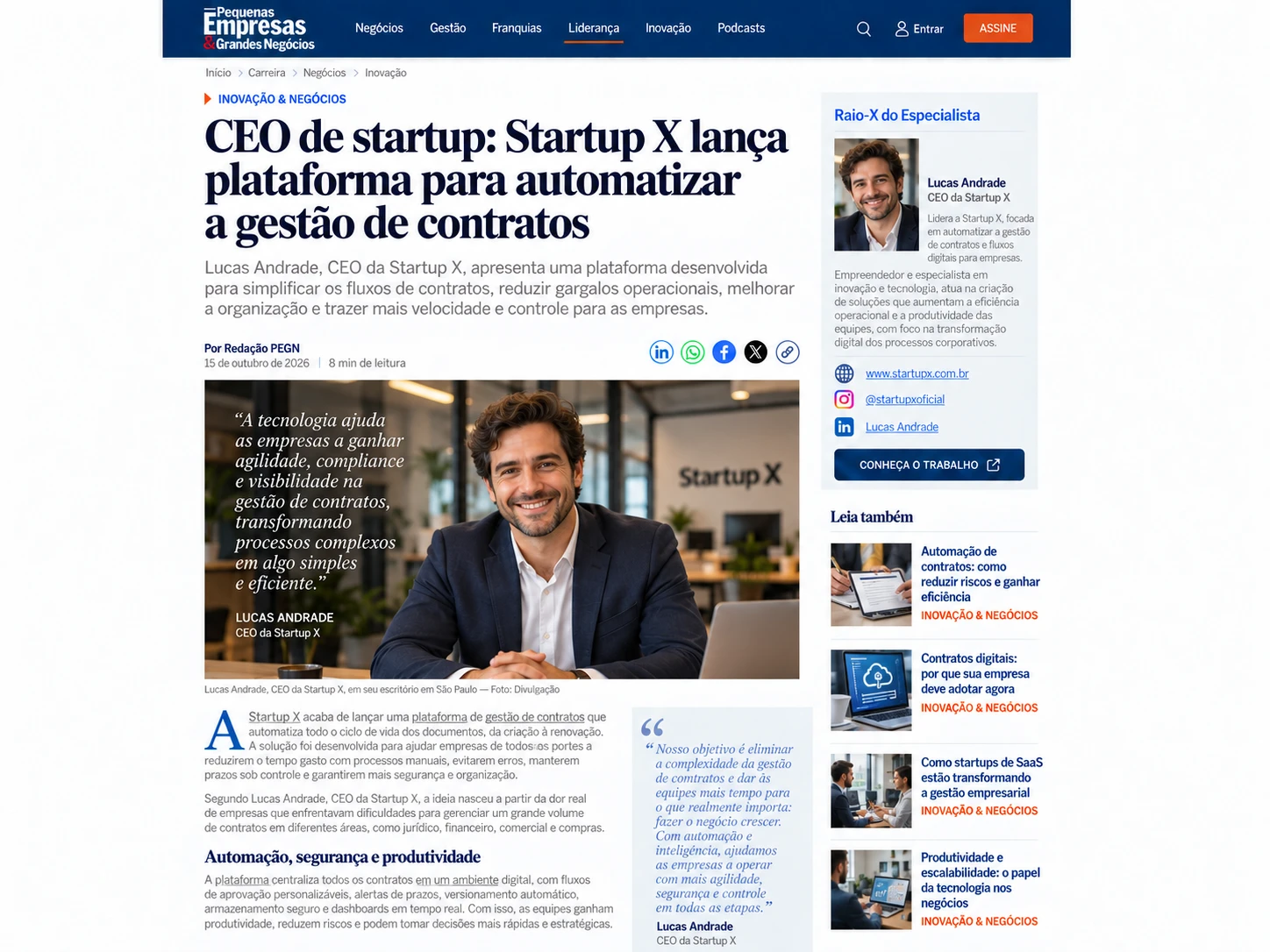 Exemplo ilustrativo de matéria sobre o lançamento de uma startup, diagramada em um portal de notícias